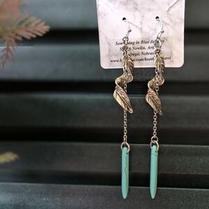 Handmade earrings, feather, turquoise, long, Native American style, boho